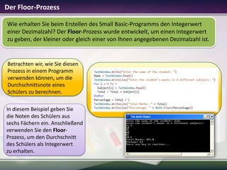 Der Floor-Prozess
Wie erhalten Sie beim Erstellen des Small Basic-Programms den Integerwert
einer Dezimalzahl? Der Floor-Prozess wurde entwickelt, um einen Integerwert
zu geben, der kleiner oder gleich einer von Ihnen angegebenen Dezimalzahl ist.

Betrachten wir, wie Sie diesen
Prozess in einem Programm
verwenden können, um die
Durchschnittsnote eines
Schülers zu berechnen.

In diesem Beispiel geben Sie
die Noten des Schülers aus
sechs Fächern ein. Anschließend
verwenden Sie den FloorProzess, um den Durchschnitt
des Schülers als Integerwert
zu erhalten.

 
