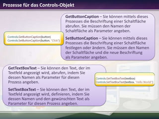 Prozesse für das Controls-Objekt
GetButtonCaption – Sie können mittels dieses
Prozesses die Beschriftung einer Schaltfläche
abrufen. Sie müssen den Namen der
Schaltfläche als Parameter angeben.
SetButtonCaption – Sie können mittels dieses
Prozesses die Beschriftung einer Schaltfläche
festlegen oder ändern. Sie müssen den Namen
der Schaltfläche und die neue Beschriftung
als Parameter angeben.
GetTextBoxText – Sie können den Text, der im
Textfeld angezeigt wird, abrufen, indem Sie
dessen Namen als Parameter für diesen
Prozess angeben.
SetTextBoxText – Sie können den Text, der im
Textfeld angezeigt wird, definieren, indem Sie
dessen Namen und den gewünschten Text als
Parameter für diesen Prozess angeben.

 