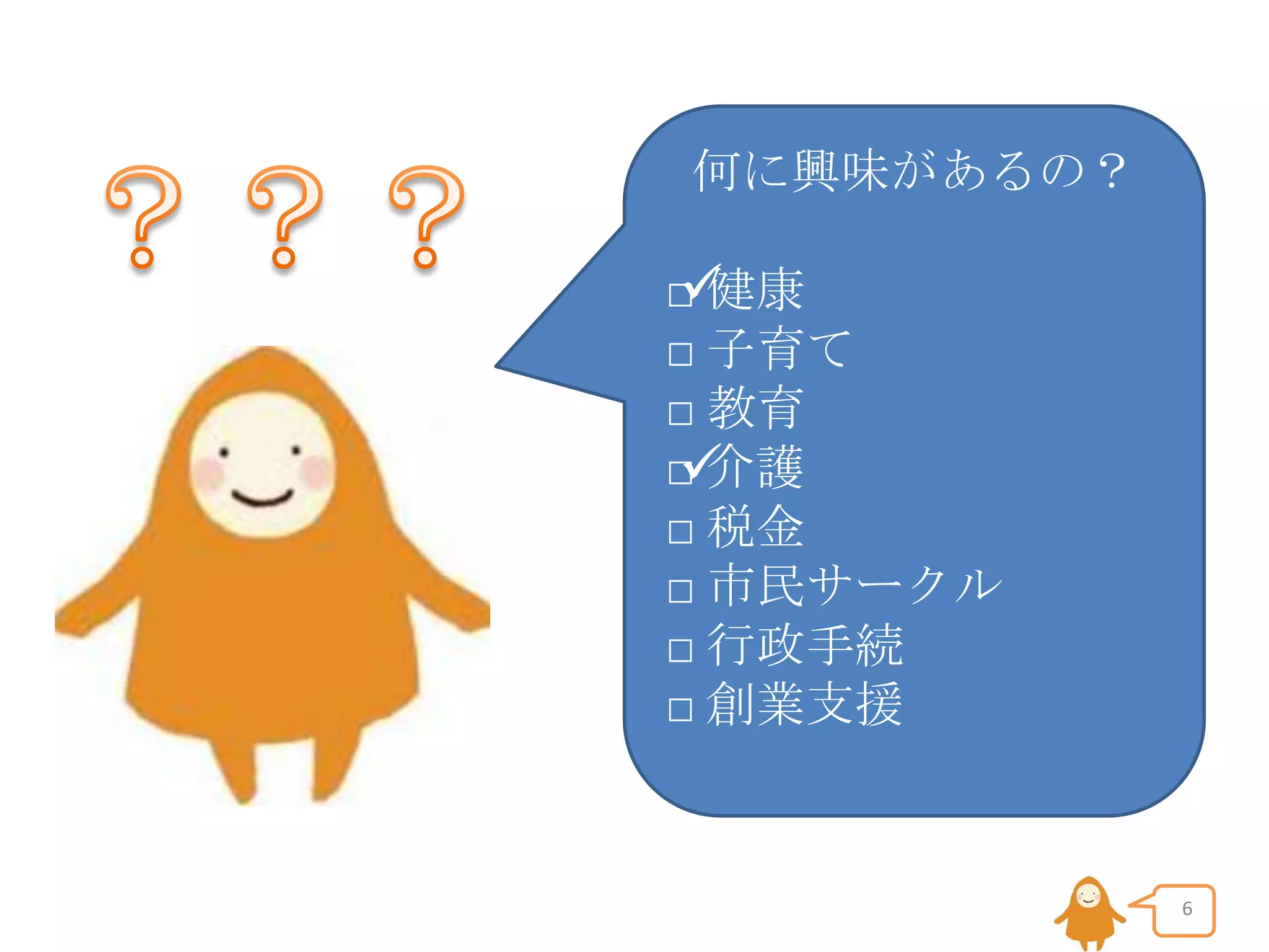 何に興味があるの？


□ 健康
□ 子育て
□ 教育
□ 介護

□ 税金
□ 市民サークル
□ 行政手続
□ 創業支援

6

 