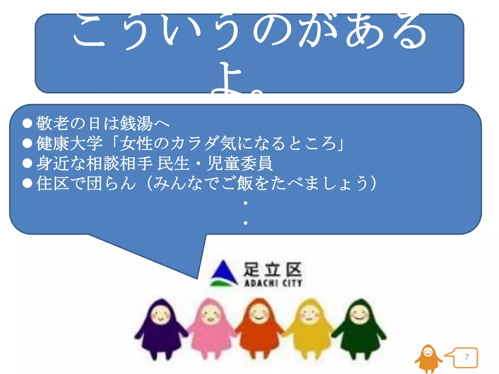 こういうのがある
よ。
 敬老の日は銭湯へ
 健康大学「女性のカラダ気になるところ」
 身近な相談相手 民生・児童委員
 住区で団らん（みんなでご飯をたべましょう）
・
・
・

7

 