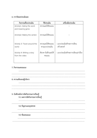 6. การวัดผลประเมินผล
กิจกรรมที่จะประเมิน
Activity1: Asking the word
and meaning game

วิธีประเมิน
ตรวจและให้คะแนน

เครื่องมือประเมิน
-

Activity2: Making the senten

ตรวจและให้คะแนน

-

Activity 3: Travel around the
world

ตรวจและให้คะแนน
ตำมแบบประเมิน

Activity 4: Writing a story
from the video

สังเกต บันทึกและให้ - แบบประเมินทักษะกำรเขียนเล่ำเรื่อง
คะแนน

- แบบประเมินทักษะกำรเขียน
สร้ำงสรรค์

7. กิจกรรมเสนอแนะ
.............................................................................................................................................................
..............................................................................................................................................................................
...................................................................................................................................... ........................................
8. ความเห็นของผู้บริหาร
.............................................................................................................................................................
..............................................................................................................................................................................
..............................................................................................................................................................................
9. บันทึกหลังการจัดกิจกรรมการเรียนรู้
9.1 ผลการจัดกิจกรรมการเรียนรู้
.............................................................................................................................................................
..............................................................................................................................................................................
9.2 ปัญหาและอุปสรรค
................................................................................................................................................................
.............................................................................................................................................................................
9.3 ข้อเสนอแนะ
................................................................................................................................................................
...........................................................................................................................................................................

 