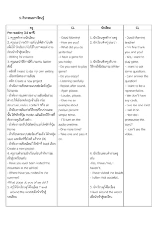 5. กิจกรรมการเรียนรู้
ครู
Pre-reading (35 นาที)
1. ครูพูดทักทำยนักเรียน
2. ครูแนะนำกลวิธีกำรเขียนให้นักเรียนฟัง
เพื่อให้ นักเรียนนำไปใช้ในกำรตอบคำถำม
ก่อนนำเข้ำสู่บทเรียน
- Writing for creative
3. ครูแนะนำวิธีกำรใช้โปรแกรม iWriter
ดังนี้
- คลิกที่ I want to do my own writing
- เลือกชนิดของกำรเขียน
- คลิก Create a new project
- ดำเนินกำรเขียนตำมแบบฟอร์มที่อยู่ใน
โปรแกรม
- ถ้ำต้องกำรแสดงรำยลำยระเอียดในส่วน
ต่ำงๆ ให้เลือกคลิกปุ่มซ้ำยมือ เช่น
structure, notes, content หรือ all
- ถ้ำต้องกำรตัวอย่ำงวิธีกำรเขียนประเภท
นั้น ให้คลิกที่ปุ่ม model แล้วเลือกวิธีกำรที่
ต้องกำรดูเป็นตัวอย่ำง
- ถ้ำต้องกำรกลับไปยังหน้ำแรกให้คลิกที่ปุ่ม
Home
- ถ้ำเขียนตำมแบบฟอร์มเสร็จแล้ว ให้กดปุ่ม
save และพิมพ์ชื่อไฟล์ แล้วกด OK
- ถ้ำต้องกำรเขียนใหม่ ให้คลิกที่ load เลือก
Create a new project
4. ครูถำมคำถำมนักเรียนก่อนทำกิจกรรม
เข้ำสู่บทเรียนเช่น
- Have you ever been visited the
mountain in the winter?
- Where have you visited in the
summer?
-What place do you often visit?
5. ครูให้นักเรียนดูวีดีโอเรื่อง Travel
around the worldเพือนำเข้ำสู่
่
บทเรียน

CL
- Good Morning!
- How are you?
- What did you do
yesterday?
- I have a game for
you today.
- Do you want to play
game?
- Do you enjoy?
- Listening carefully
- Repeat after sound.
- Again please.
- Louder, please.
- Give me an
example about
passive present
simple tense.
- I’ll turn on the
audio onetime.
- One more time?
- Take one and pass it
on.

นักเรียน
1. นักเรียนพูดทักทำยครู
2. นักเรียนฟังครูแนะนำ

3. นักเรียนฟังครูอธิบำย
วิธีกำรใช้โปรแกรม iWriter

4. นักเรียนตอบคำถำมครู
เช่น
-Yes, I have./ No, I
haven’t.
- I have visited the beach.
- I often visit waterfall.
5. นักเรียนดูวีดีโอเรื่อง
Travel around the world
เพื่อนำเข้ำสู่บทเรียน

CL
- Good Morning
teacher!
- I’m fine thank
you, and you?
- Yes, I want to
play game.
- I want to ask
some questions.
- Can I answer the
question?
- I want to be a
representative.
- We don’t have
any cards.
- Give me one card.
- Pass it on.
- How do I
pronounce this
word?
- I can’t see the
video..

 