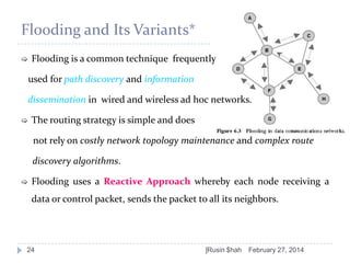 Flooding and Its Variants*


Flooding is a common technique frequently
used for path discovery and information

dissemination in wired and wireless ad hoc networks.


The routing strategy is simple and does
not rely on costly network topology maintenance and complex route
discovery algorithms.



Flooding uses a Reactive Approach whereby each node receiving a
data or control packet, sends the packet to all its neighbors.

24

]Rusin $hah

February 27, 2014

 