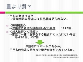 量より質？
子どもの発達リスク
→保育時間の長短による差異は見られない。




＜微細運動＞
→保護者に育児相談者がいない場合
115.7倍
＜対人技術＞＜理解＞
→家族で一緒に食事をする機会がめったにない場合
各々70 倍、43.7倍

保護者にサポートがあるか。
子どもの発達に見合った働きかけがされているか。
安梅勅江「夜間に及ぶ長時間保育に関する5年間追跡実証 研究」
平成13・14・15年度厚生労働科学研究

 