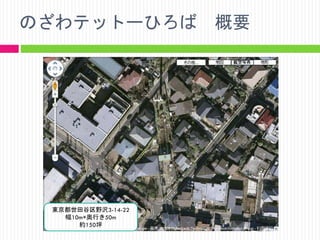 のざわテットーひろば

東京都世田谷区野沢3-14-22
幅10m×奥行き50m
約150坪

概要

 