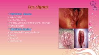 Les signes
Infections basses:
Leucorrhées
Démangeaisons
Rougeur, sensation de brulure , irritation
Petits boutons

Infections hautes:
Les signes de l’infection basse
Fièvre
Douleur
Saignement

 