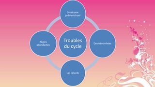 Syndrome
prémenstruel

Règles
abondantes

Troubles
du cycle

Les retards

Dysménorrhées

 