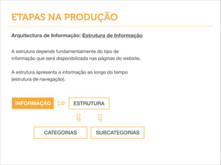 Arquitectura de Informação: Estrutura de Informação
A estrutura depende fundamentalmente do tipo de
informação que será disponibilizada nas páginas do website.

!
A estrutura apresenta a informação ao longo do tempo
(estrutura de navegação).
INFORMAÇÃO ESTRUTURA
SUBCATEGORIASCATEGORIAS
ETAPAS NA PRODUÇÃO
 
