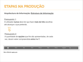 Pressuposto 1:

O utilizador nunca deve ter que fazer mais de três escolhas
até alcançar o que pretende.
Pressuposto 2:

A quantidade de opções que lhe são apresentadas, de cada
vez, devem estar compreendida entre 4 e 7.
Menu Website apple.com
Arquitectura de Informação: Estrutura de Informação
ETAPAS NA PRODUÇÃO
 