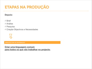 Depois:
!
✓ Brief

✓ Análise

✓ Pesquisa

✓ Criação Objectivos e Necessidades
ARQUITECTURA DE INFORMAÇÃO
Criar uma linguagem comum
para todos os que vão trabalhar no projecto.
ETAPAS NA PRODUÇÃO
 