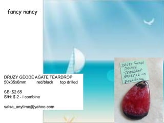 fancy nancy
DRUZY GEODE AGATE TEARDROP
50x35x6mm red/black top drilled
SB: $2.65
S/H: $ 2 - i combine
salsa_anytime@yahoo.com
 