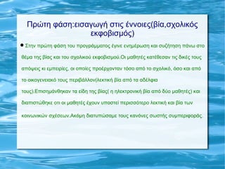 Πρώτη φάση:εισαγωγή στις έννοιες(βία,σχολικός
εκφοβισμός)
Στην πρώτη φάση του προγράμματος έγινε ενημέρωση και συζήτηση π...
