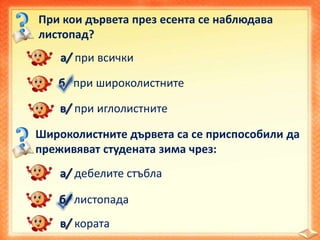 При кои дървета през есента се наблюдава
листопад?
а/ при всички
б/ при широколистните
в/ при иглолистните
Широколистните дървета са се приспособили да
преживяват студената зима чрез:
а/ дебелите стъбла
б/ листопада
в/ кората
 