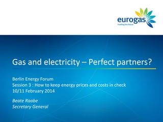 Berlin Energy Forum
Session 3 : How to keep energy prices and costs in check
10/11 February 2014
Beate Raabe
Secretary General
Gas and electricity – Perfect partners?
 