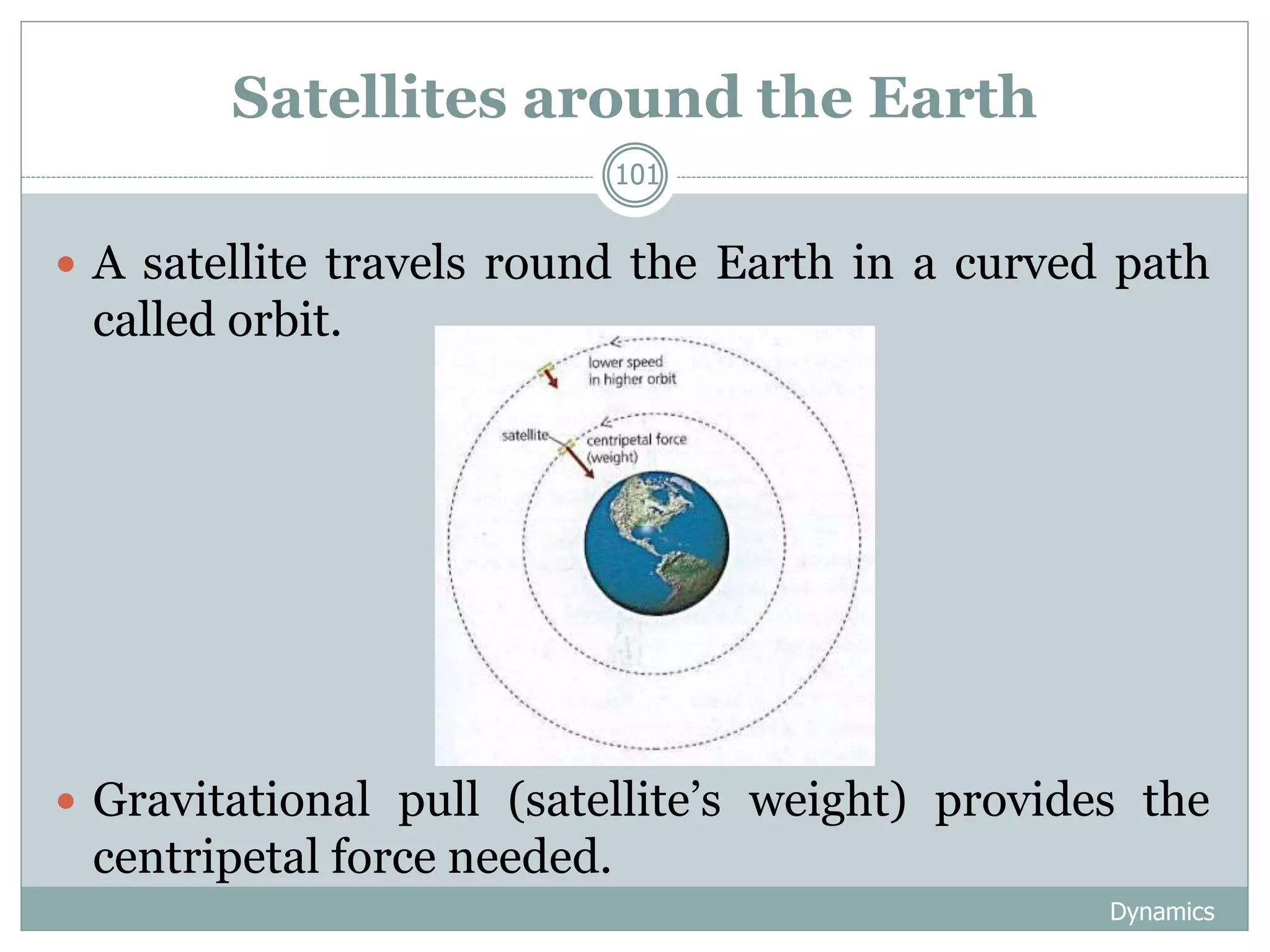 Satellites around the Earth
Dynamics
101
 A satellite travels round the Earth in a curved path
called orbit.
 Gravitational pull (satellite’s weight) provides the
centripetal force needed.
 