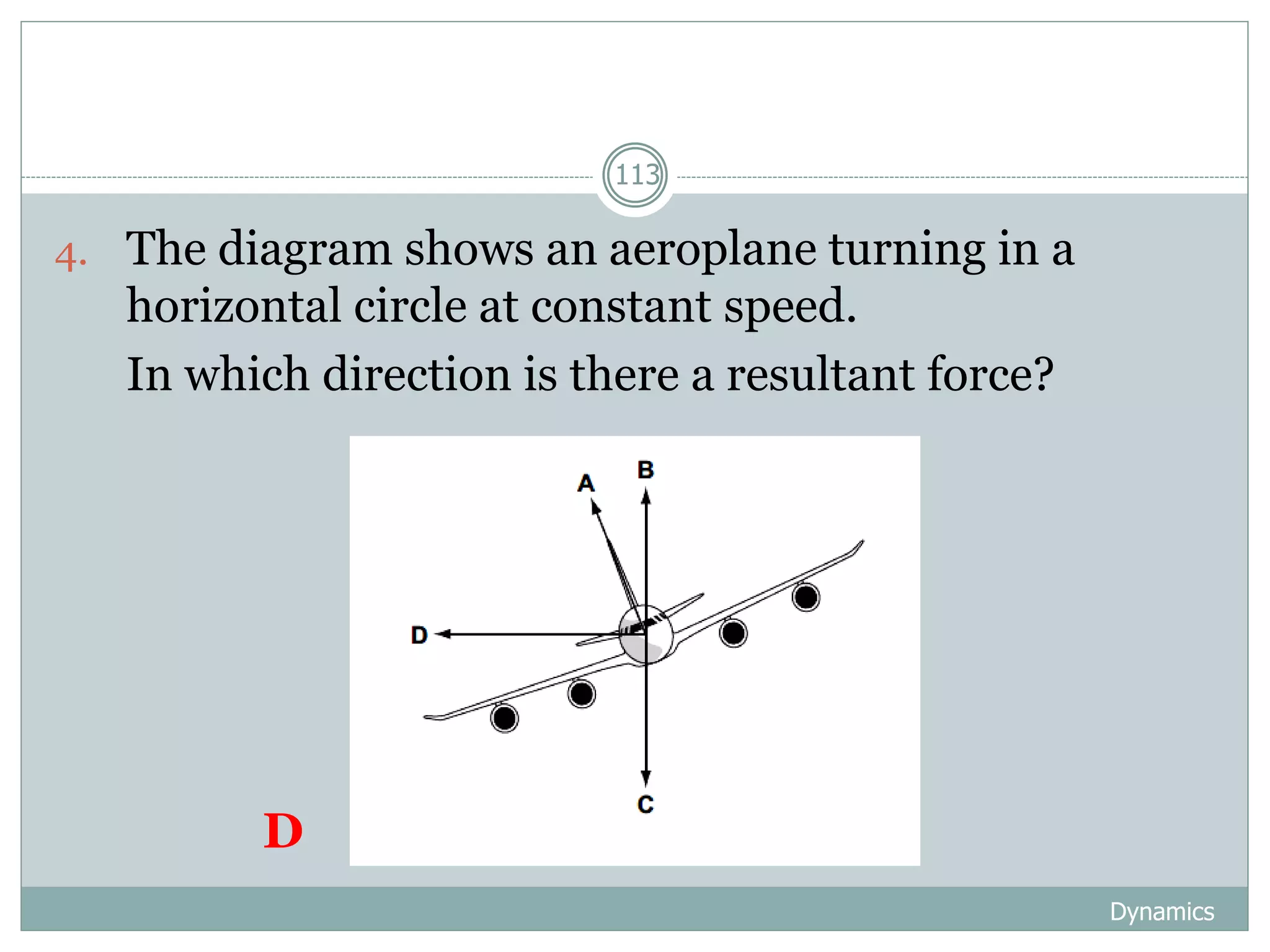 Dynamics
113
4. The diagram shows an aeroplane turning in a
horizontal circle at constant speed.
5. In which direction is there a resultant force?
D
 