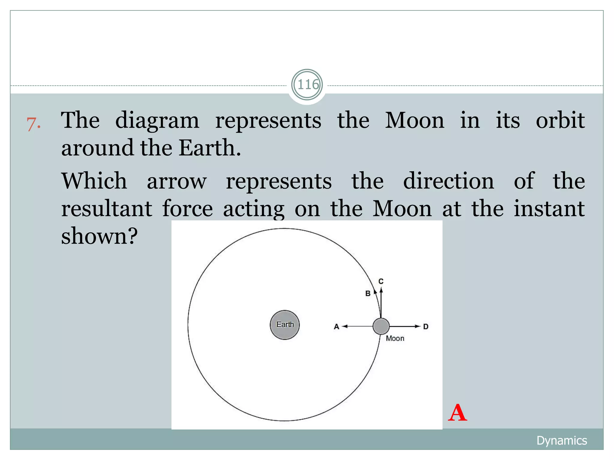 Dynamics
116
7. The diagram represents the Moon in its orbit
around the Earth.
8. Which arrow represents the direction of the
resultant force acting on the Moon at the instant
shown?
A
 