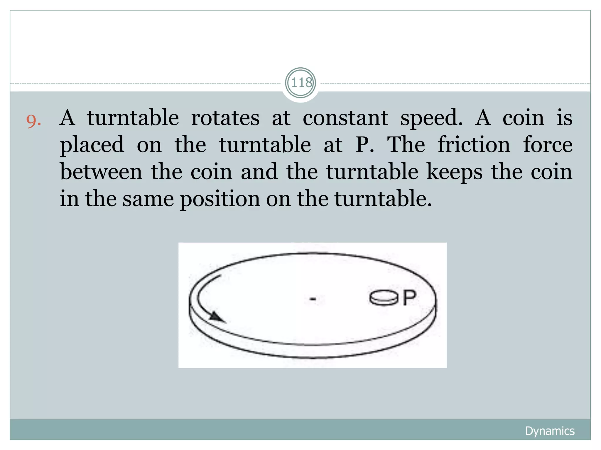 Dynamics
118
9. A turntable rotates at constant speed. A coin is
placed on the turntable at P. The friction force
between the coin and the turntable keeps the coin
in the same position on the turntable.
 