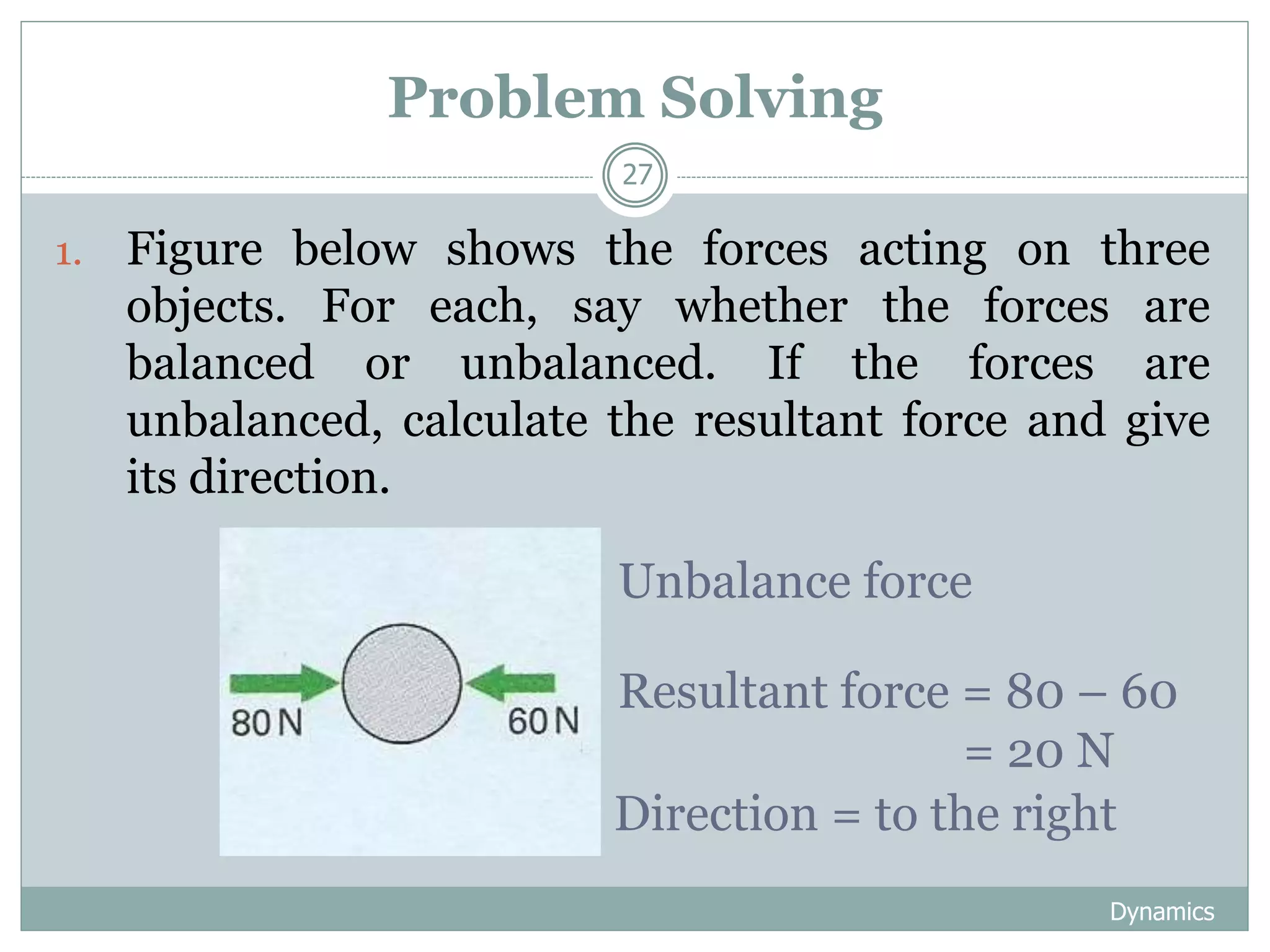 Problem Solving
Dynamics
27
1. Figure below shows the forces acting on three
objects. For each, say whether the forces are
balanced or unbalanced. If the forces are
unbalanced, calculate the resultant force and give
its direction.
Unbalance force
Resultant force = 80 – 60
= 20 N
Direction = to the right
 