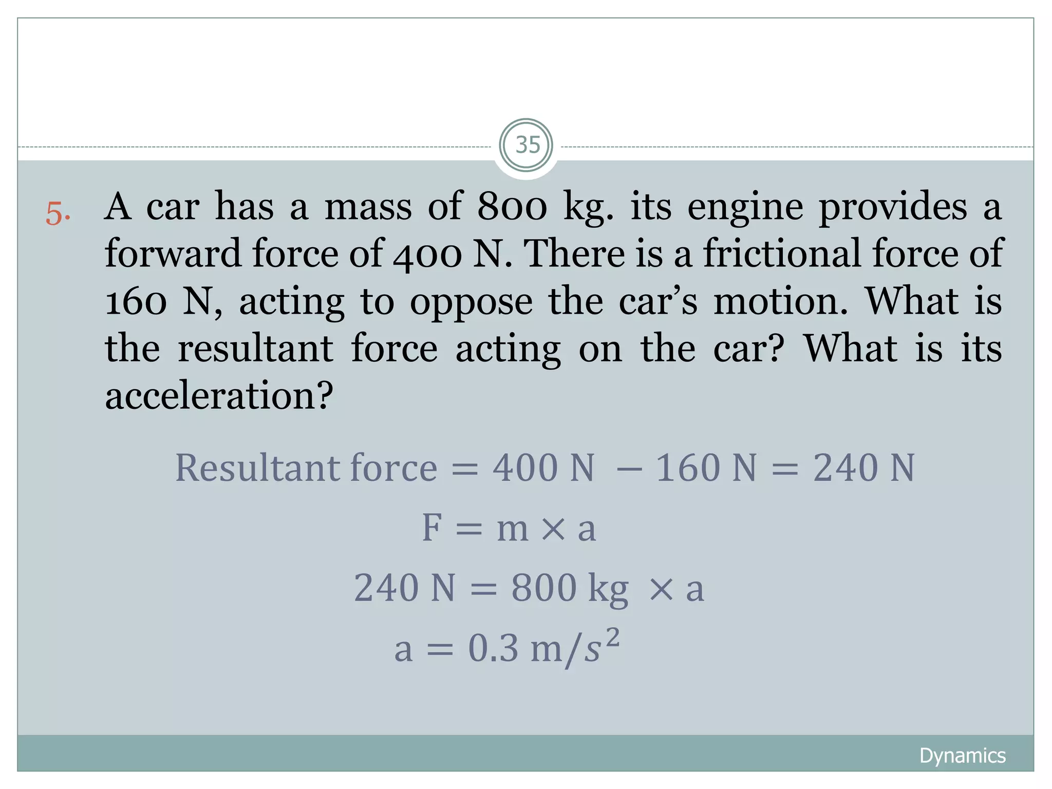 Dynamics
35
5. A car has a mass of 800 kg. its engine provides a
forward force of 400 N. There is a frictional force of
160 N, acting to oppose the car’s motion. What is
the resultant force acting on the car? What is its
acceleration?
Resultant force = 400 N − 160 N = 240 N
F = m × a
240 N = 800 kg × a
a = 0.3 m/𝑠2
 