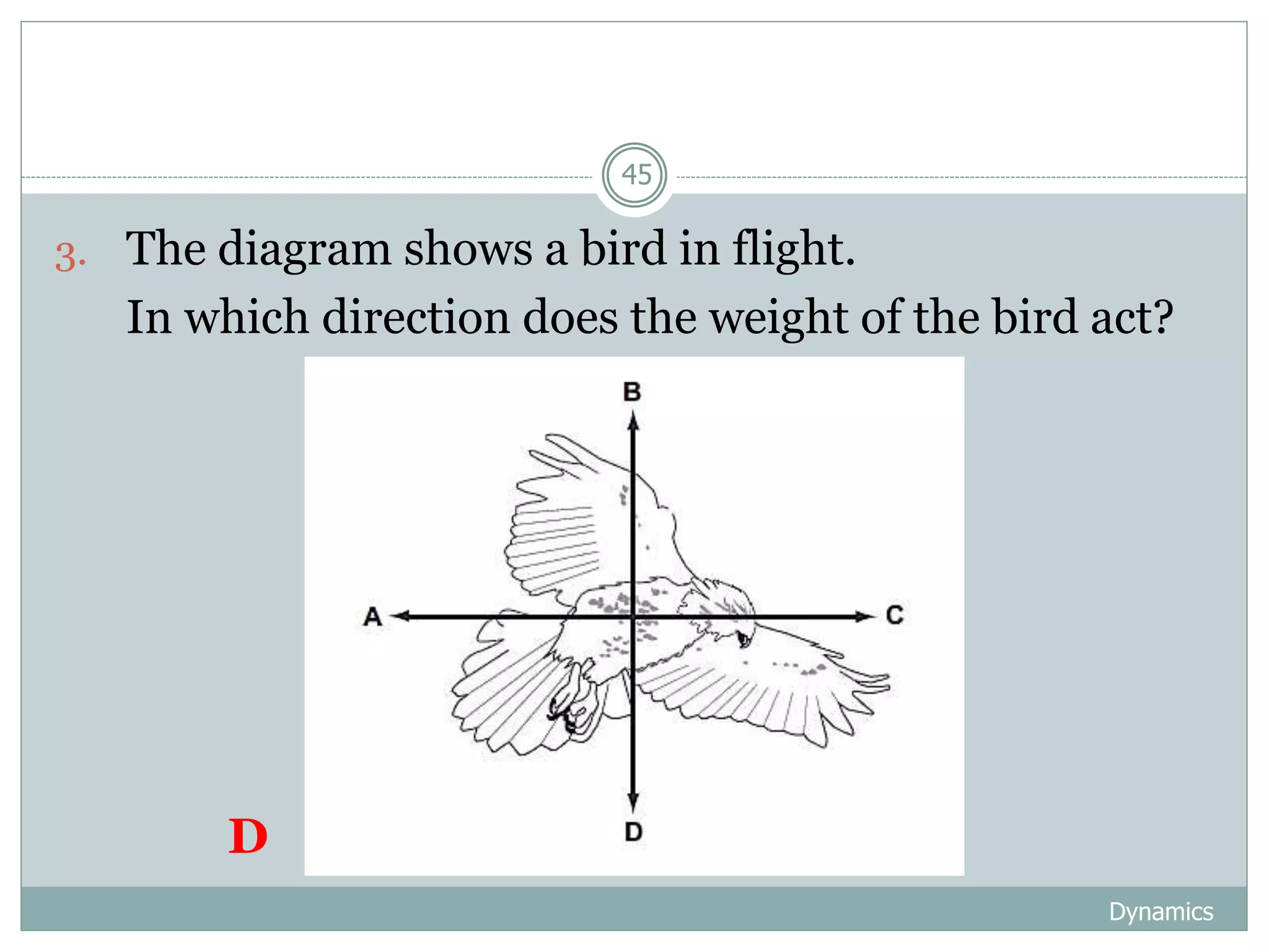 Dynamics
45
3. The diagram shows a bird in flight.
4. In which direction does the weight of the bird act?
D
 