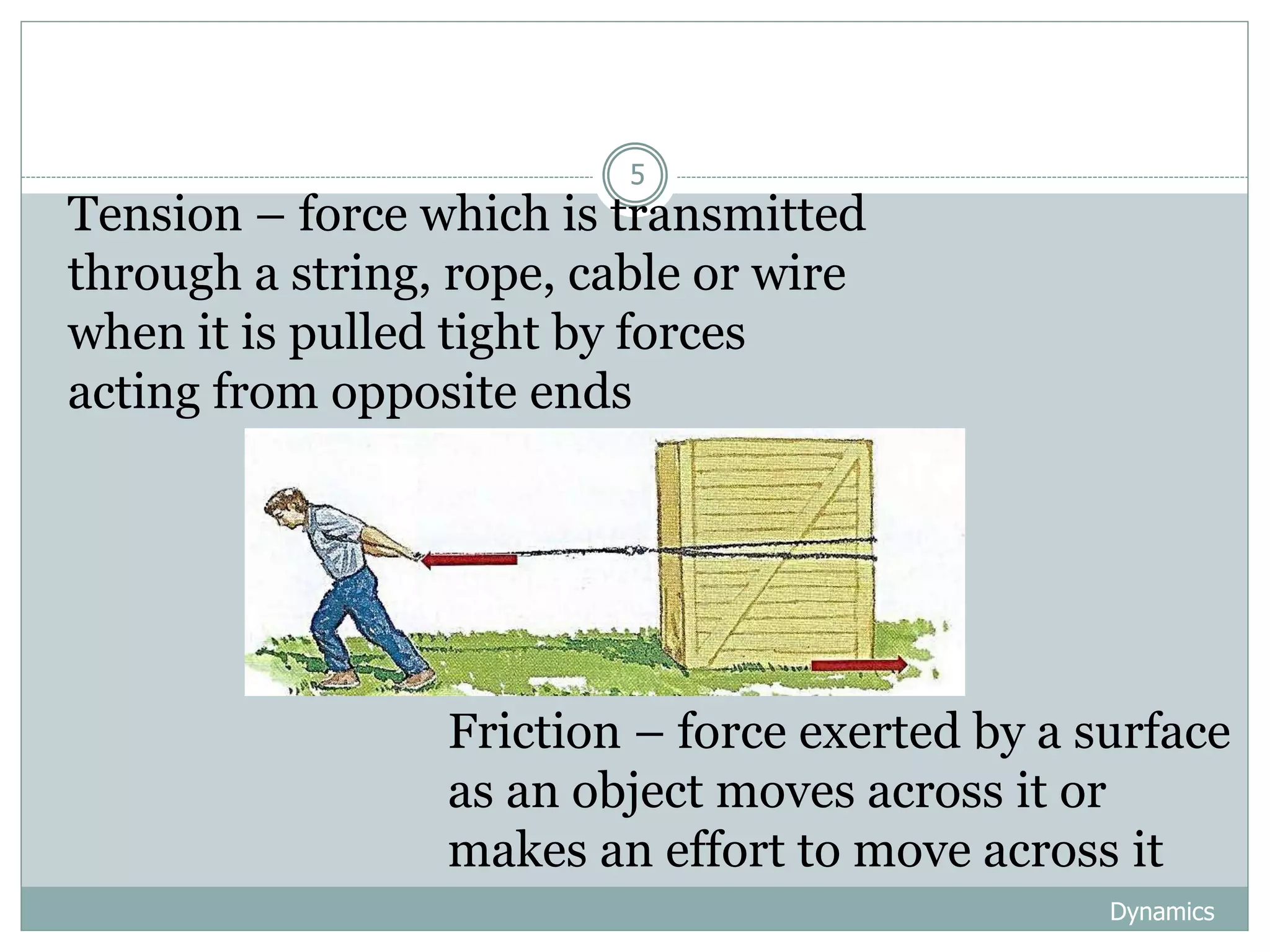 Dynamics
5
Tension – force which is transmitted
through a string, rope, cable or wire
when it is pulled tight by forces
acting from opposite ends
Friction – force exerted by a surface
as an object moves across it or
makes an effort to move across it
 