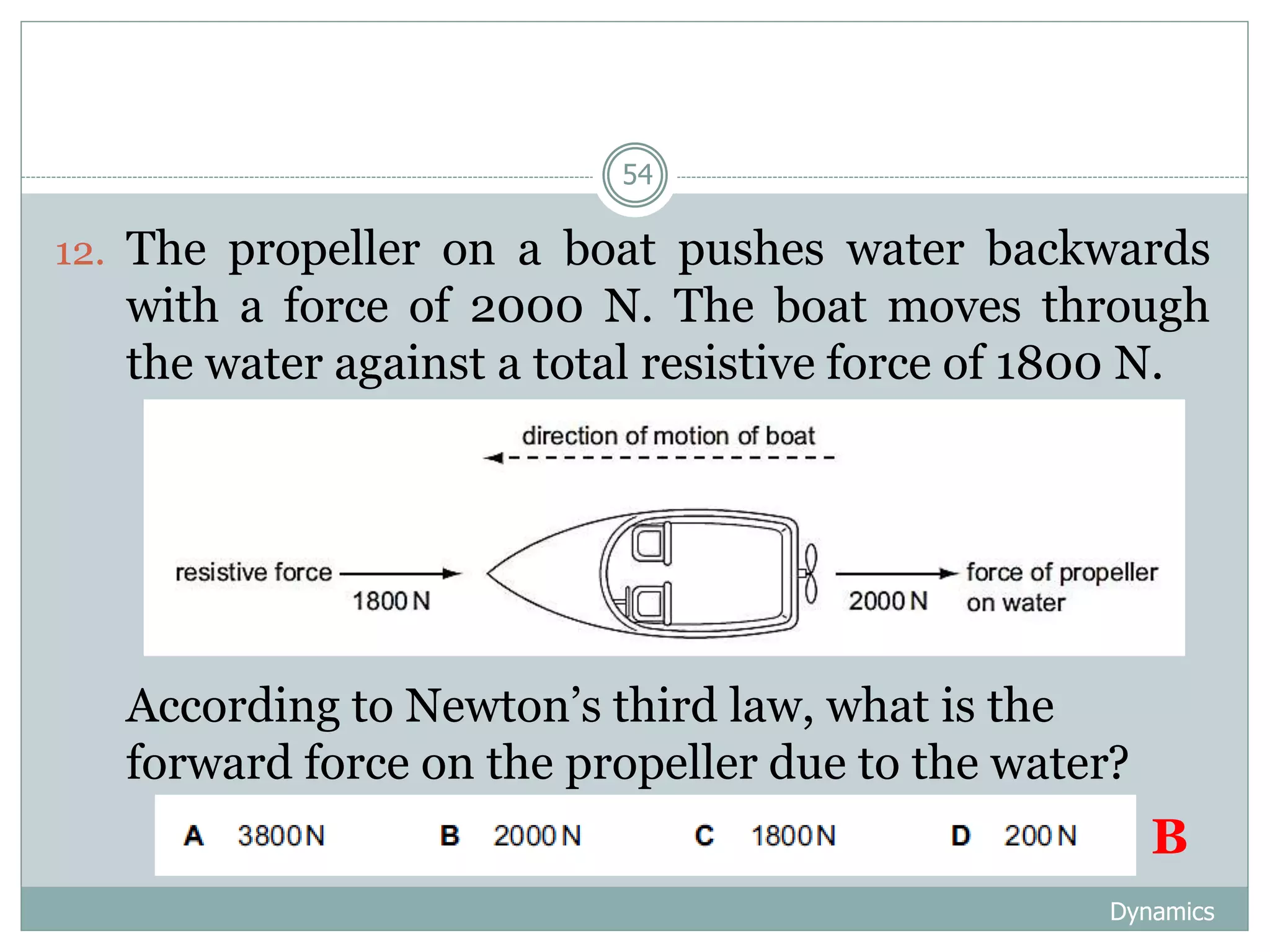 Dynamics
54
12. The propeller on a boat pushes water backwards
with a force of 2000 N. The boat moves through
the water against a total resistive force of 1800 N.
1. According to Newton’s third law, what is the
forward force on the propeller due to the water?
B
 