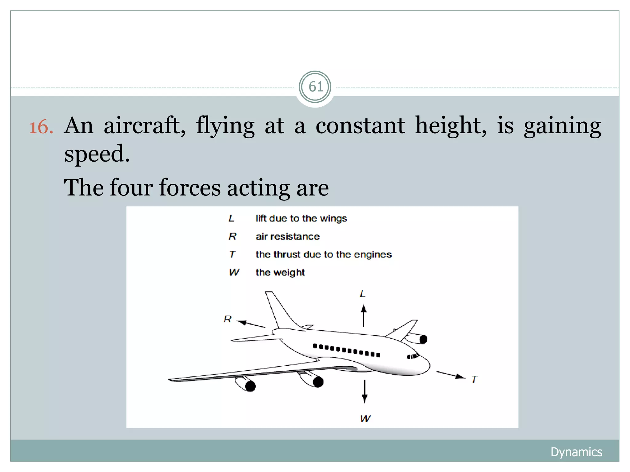 Dynamics
61
16. An aircraft, flying at a constant height, is gaining
speed.
17. The four forces acting are
 