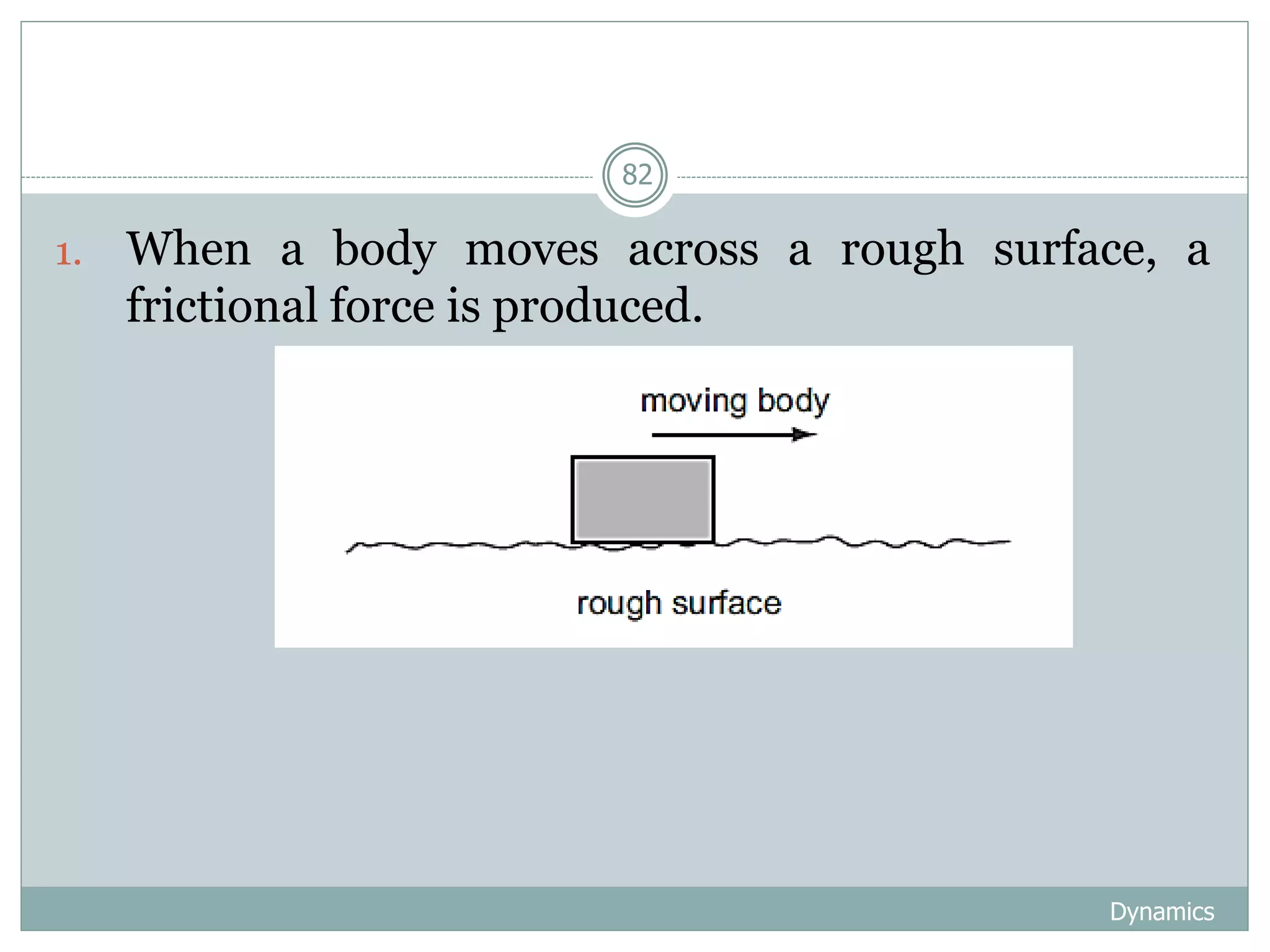 Dynamics
82
1. When a body moves across a rough surface, a
frictional force is produced.
 