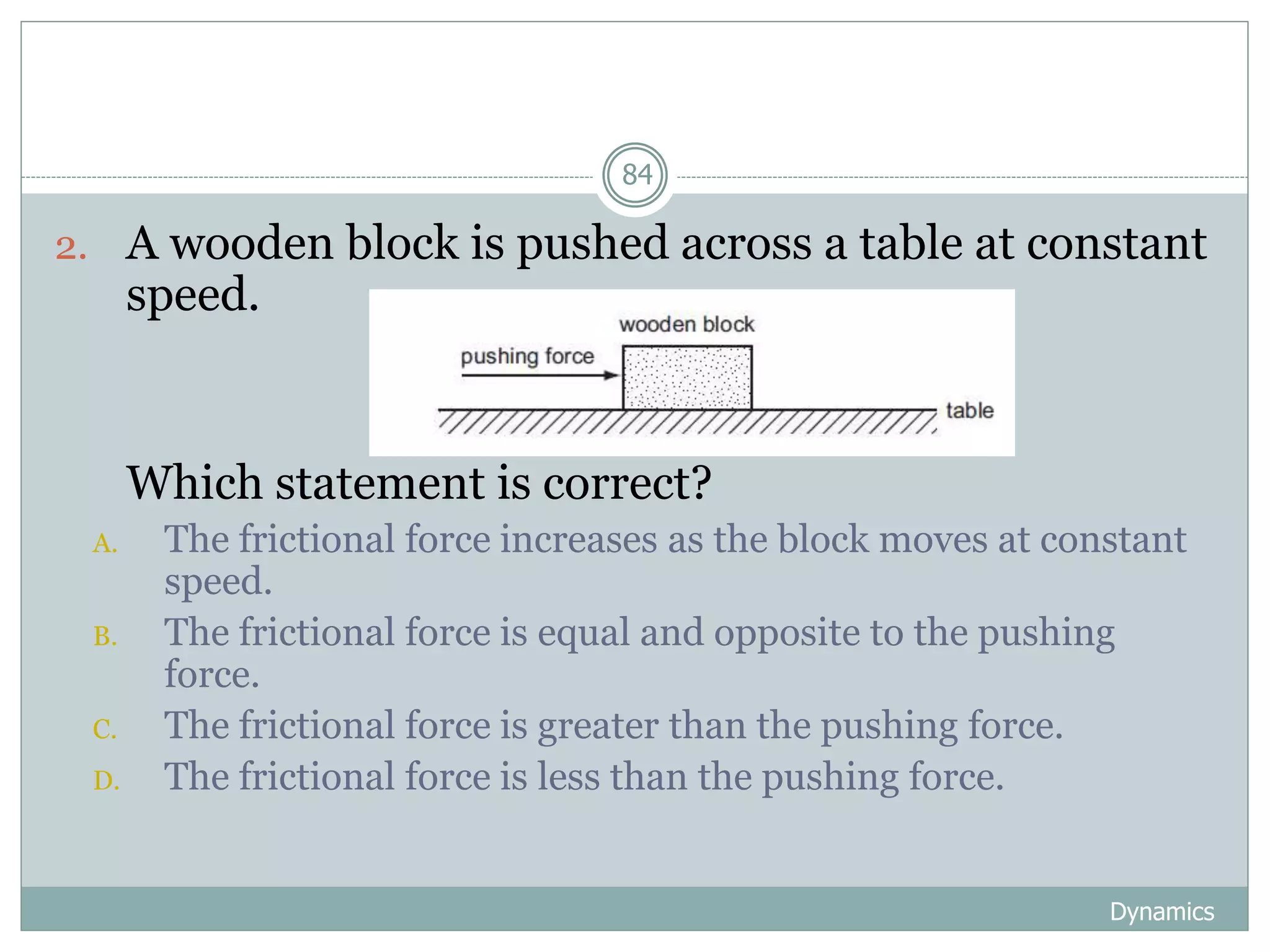 Dynamics
84
2. A wooden block is pushed across a table at constant
speed.
1. Which statement is correct?
A. The frictional force increases as the block moves at constant
speed.
B. The frictional force is equal and opposite to the pushing
force.
C. The frictional force is greater than the pushing force.
D. The frictional force is less than the pushing force.
 
