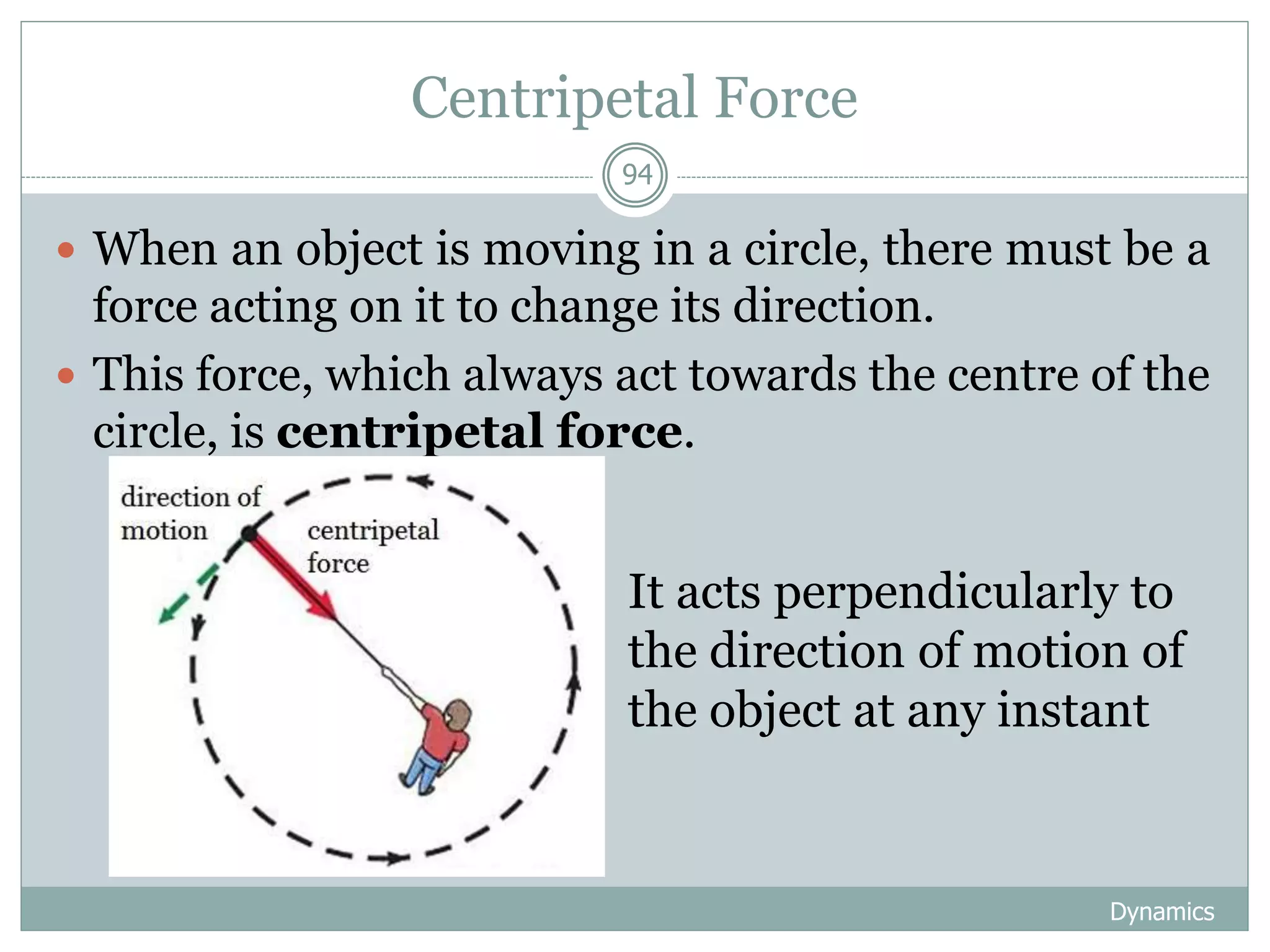 Centripetal Force
Dynamics
94
 When an object is moving in a circle, there must be a
force acting on it to change its direction.
 This force, which always act towards the centre of the
circle, is centripetal force.
It acts perpendicularly to
the direction of motion of
the object at any instant
 