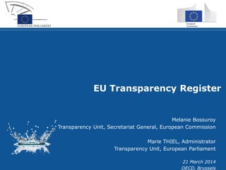 1
Melanie Bossuroy
Transparency Unit, Secretariat General, European Commission
Marie THIEL, Administrator
Transparency Unit, European Parliament
21 March 2014
OECD, Brussels
EU Transparency Register
 