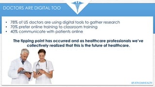 DOCTORS ARE DIGITAL TOO
• 78% of US doctors are using digital tools to gather research
• 70% prefer online training to classroom training
• 40% communicate with patients online
The tipping point has occurred and as healthcare professionals we’ve
collectively realized that this is the future of healthcare.
 