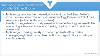 Technology is at the intersection
of patients & healthcare
• Technology removes the knowledge barriers in patients lives. ...