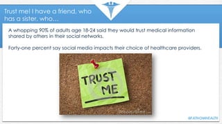 Trust me! I have a friend, who
has a sister, who…
A whopping 90% of adults age 18-24 said they would trust medical informa...