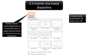 3.1 Insertar una nueva
diapositiva
Damos click en
nueva diapositiva en
el menú de inicio y
luego seleccionamos
el tema de la nueva
diapositiva
O simplemente
presionamos las
teclas Ctrl + M
 