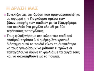  Σσμευίζξμςαπ ςημ δοάρη πξσ ποαγμαςξπξιήθηκε
με ατξομή ςημ Παγκόσμια ημέρα τωμ
ζώωμ,επατήπ ςωμ παιδιώμ με ςα ζώα,τέοαμε
ρςξ ρυξλείξ έμα μεγάλξ κλξσβί με δύξ
ςεοάρςιξσπ παπαγάλξσπ.
 Τξσπ τιλξνεμήραμε ρςξ υώοξ ςξσ παιδικξύ
ρςαθμξύ πεοίπξσ 3-4 ημέοεπ.Σςξ υοξμικό
διάρςημα ασςό ςα παιδιά είυαμ ςη δσμαςόςηςα
μα ςξσπ γμωρίσουμ,μα μάθουμ τι τρώμε ξι
παπαγάλξι,μα δξύμε ςη φωλιά με τα αυγά ςξσπ
και μα ασχοληθούμε με ςα πξσλιά.
 