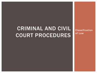 Classification
of Law
CRIMINAL AND CIVIL
COURT PROCEDURES
 