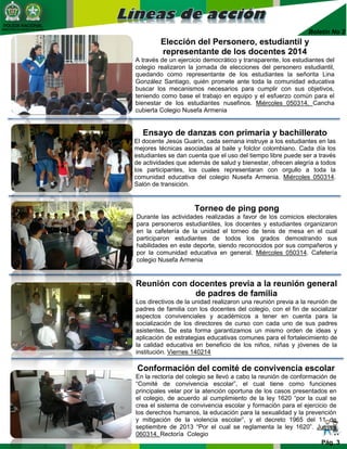 POLICIA NACIONAL
DIRECCIÓN DE BIENESTAR SOCIAL
Boletín No 2
Torneo de ping pong
Durante las actividades realizadas a favor de los comicios electorales
para personeros estudiantiles, los docentes y estudiantes organizaron
en la cafetería de la unidad el torneo de tenis de mesa en el cual
participaron estudiantes de todos los grados demostrando sus
habilidades en este deporte, siendo reconocidos por sus compañeros y
por la comunidad educativa en general. Miércoles 050314. Cafetería
colegio Nusefa Armenia
Elección del Personero, estudiantil y
representante de los docentes 2014
A través de un ejercicio democrático y transparente, los estudiantes del
colegio realizaron la jornada de elecciones del personero estudiantil,
quedando como representante de los estudiantes la señorita Lina
González Santiago, quién promete ante toda la comunidad educativa
buscar los mecanismos necesarios para cumplir con sus objetivos,
teniendo como base el trabajo en equipo y el esfuerzo común para el
bienestar de los estudiantes nusefinos. Miércoles 050314. Cancha
cubierta Colegio Nusefa Armenia
Pág. 3
Reunión con docentes previa a la reunión general
de padres de familia
Los directivos de la unidad realizaron una reunión previa a la reunión de
padres de familia con los docentes del colegio, con el fin de socializar
aspectos convivenciales y académicos a tener en cuenta para la
socialización de los directores de curso con cada uno de sus padres
asistentes. De esta forma garantizamos un mismo orden de ideas y
aplicación de estrategias educativas comunes para el fortalecimiento de
la calidad educativa en beneficio de los niños, niñas y jóvenes de la
institución. Viernes 140214
Ensayo de danzas con primaria y bachillerato
El docente Jesús Guarín, cada semana instruye a los estudiantes en las
mejores técnicas asociadas al baile y folclor colombiano. Cada día los
estudiantes se dan cuenta que el uso del tiempo libre puede ser a través
de actividades que además de salud y bienestar, ofrecen alegría a todos
los participantes, los cuales representaran con orgullo a toda la
comunidad educativa del colegio Nusefa Armenia. Miércoles 050314.
Salón de transición.
Conformación del comité de convivencia escolar
En la rectoría del colegio se llevó a cabo la reunión de conformación de
“Comité de convivencia escolar”, el cual tiene como funciones
principales velar por la atención oportuna de los casos presentados en
el colegio, de acuerdo al cumplimiento de la ley 1620 “por la cual se
crea el sistema de convivencia escolar y formación para el ejercicio de
los derechos humanos, la educación para la sexualidad y la prevención
y mitigación de la violencia escolar”, y el decreto 1965 del 11 de
septiembre de 2013 “Por el cual se reglamenta la ley 1620”. Jueves
060314. Rectoría Colegio
 