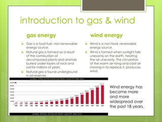introduction to gas & wind
gas energy
 Gas is a fossil fuel, non-renewable
energy source.
 Natural gas is formed as a result
of the combustion of
decomposed plants and animals
buried under layers of rock and
soil for millions of years.
 Natural gas is found underground
in oil reserves.
wind energy
 Wind is a non-fossil, renewable
energy source.
 Wind is formed when sunlight falls
unevenly on the earth, heating
the air unevenly. The circulation
of the warm air rising and cool air
moving in to replace it, produces
wind.
Wind energy has
become more
and more
widespread over
the past 18 years.
 