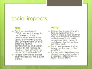 social impacts
gas
 Origins commitment:
“Origin respects the rights
and interests of the
communities in which we
operate by working safely
and being mindful of, and
attentive to, the
environmental and social
impact of the resources,
products and services we
use or provide to others.”
 People in the area do not
enjoy the look of the power
station
wind
 Citizens that live near the wind
farm complain that the
turbines make a noise and that
they have become ill because
of the turbines, it has been
proved that this is a result of
anxiety and that the turbines
are not at fault.
 Some people do not like the
look of the structures on the
wind farm
 The Macarthur Wind Farm are
always happy to have school
students or visitors to take a
tour of the wind farm
 