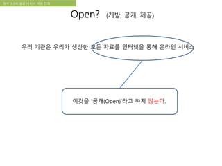 국립한글박물관 디지털 아카이브 구축 기본 구상정부 3.0과 공공 데이터 개방 전략
Open? (개방, 공개, 제공)
우리 기관은 우리가 생산한 모든 자료를 인터넷을 통해 온라인 서비스
이것을 ‘공개(Open)’라고 하지 않는다.
 