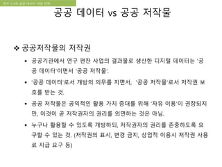 국립한글박물관 디지털 아카이브 구축 기본 구상정부 3.0과 공공 데이터 개방 전략
 공공저작물의 저작권
 공공기관에서 연구 편찬 사업의 결과물로 생산한 디지털 데이터는 ‘공
공 데이터’이면서 ‘공공 저작물’.
 ‘공공 데이터’로서 개방의 의무를 지면서, ‘공공 저작물’로서 저작권 보
호를 받는 것.
 공공 저작물은 공익적인 활용 가치 증대를 위해 ‘자유 이용’이 권장되지
만, 이것이 곧 저작권자의 권리를 외면하는 것은 아님.
 누구나 활용할 수 있도록 개방하되, 저작권자의 권리를 존중하도록 요
구할 수 있는 것. (저작권의 표시, 변경 금지, 상업적 이용시 저작권 사용
료 지급 요구 등)
공공 데이터 vs 공공 저작물
 