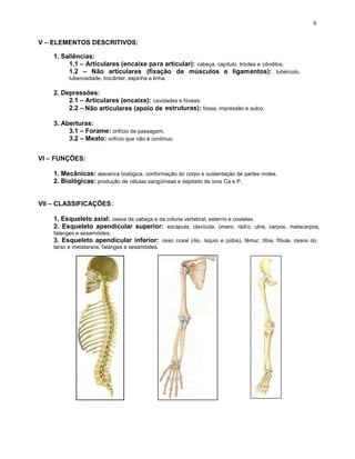 V – ELEMENTOS DESCRITIVOS:
1. Saliências:
1.1 – Articulares (encaixe para articular): cabeça, capítulo, tróclea e côndilos.
1.2 – Não articulares (fixação de músculos e ligamentos): tubérculo,
tuberosidade, trocânter, espinha e linha.
2. Depressões:
2.1 – Articulares (encaixe): cavidades e fóveas.
2.2 – Não articulares (apoio de estruturas): fossa, impressão e sulco.
3. Aberturas:
3.1 – Forame: orifício de passagem.
3.2 – Meato: orifício que não é contínuo.
VI – FUNÇÕES:
1. Mecânicas: alavanca biológica, conformação do corpo e sustentação de partes moles.
2. Biológicas: produção de células sangüíneas e depósito de íons Ca e P.
VII – CLASSIFICAÇÕES:
1. Esqueleto axial: ossos da cabeça e da coluna vertebral, esterno e costelas.
2. Esqueleto apendicular superior: escápula, clavícula, úmero, rádio, ulna, carpos, metacarpos,
falanges e sesamóides.
3. Esqueleto apendicular inferior: osso coxal (ílio, ísquio e púbis), fêmur, tíbia, fíbula, ossos do
tarso e metatarsos, falanges e sesamóides.
 
