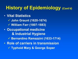 History of Epidemiology (Cont’d)
• Vital Statistics
 John Graunt (1620-1674)
 William Farr (1807-1883)
• Occupational medicine
& Industrial Hygiene
 Bernardino Ramazzini (1633-1714)
• Role of carriers in transmission
 Typhoid Mary & George Soper
 