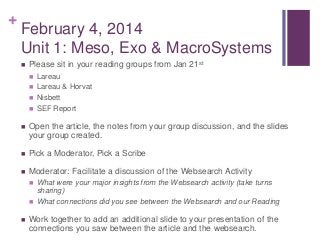 +
February 4, 2014
Unit 1: Meso, Exo & MacroSystems
 Please sit in your reading groups from Jan 21st
 Lareau
 Lareau & Horvat
 Nisbett
 SEF Report
 Open the article, the notes from your group discussion, and the slides
your group created.
 Pick a Moderator, Pick a Scribe
 Moderator: Facilitate a discussion of the Websearch Activity
 What were your major insights from the Websearch activity (take turns
sharing)
 What connections did you see between the Websearch and our Reading
 Work together to add an additional slide to your presentation of the
connections you saw between the article and the websearch.
 