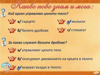 Кой орган управлява цялото тяло?
а/ сърцето
б/ белите дробове
в/ мозъкът
г/ стомахът
За какво служат белите дробове?
а/ управляват цялото тяло
б/ осигуряват движението на кръвта в тялото
в/ вкарват въздух в тялото
 