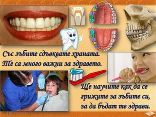 Със зъбите сдъвквате храната.
Те са много важни за здравето.
Ще научите как да се
грижите за зъбите си,
за да бъдат те здрави.
 