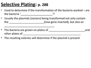 Selective Plating: p. 288
• Used to determine if the transformation of the bacteria worked – are
the bacteria ‘_____________________’?
• Usually the plasmids (vectors) being transformed not only contain
the _______________________(new gene inserted), but also an
_________________________________
• The bacteria are grown on plates of ________________________and
other plates of ______________________________________
• The resulting colonies will determine if the plasmid is present
 