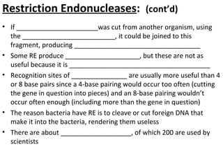 • If ______________________was cut from another organism, using
the _________________________, it could be joined to this
fragment, producing __________________________________
• Some RE produce ____________________, but these are not as
useful because it is ______________________________________
• Recognition sites of _______________ are usually more useful than 4
or 8 base pairs since a 4-base pairing would occur too often (cutting
the gene in question into pieces) and an 8-base pairing wouldn’t
occur often enough (including more than the gene in question)
• The reason bacteria have RE is to cleave or cut foreign DNA that
make it into the bacteria, rendering them useless
• There are about ___________________, of which 200 are used by
scientists
Restriction Endonucleases: (cont’d)
 